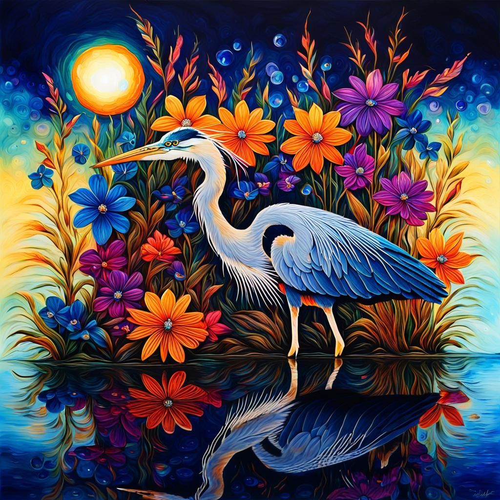 Bioluminescent Heron in Jewel-Toned Fantasy Painting
