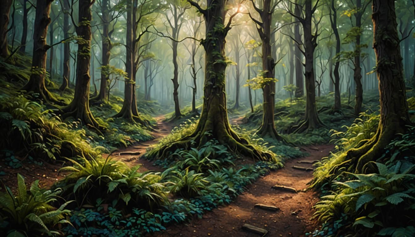 Enchanted Forest: Mysterious Paths in Oil Painting Style
