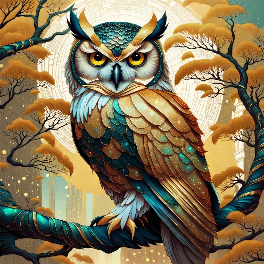 Glittering Owl in Golden Moonscape: Fantasy Concept Art