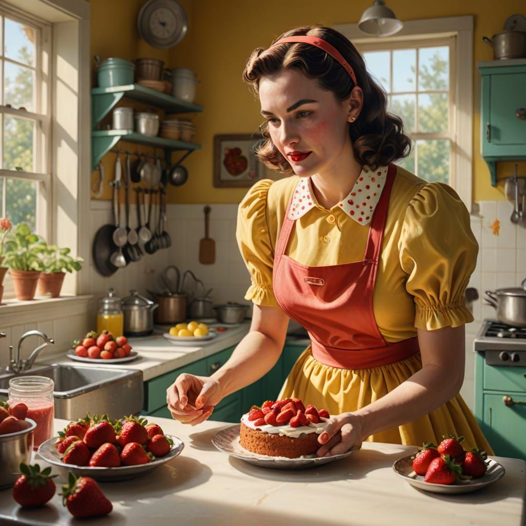 Tradwife Baking Strawberry Cake in 1950s Kitchen