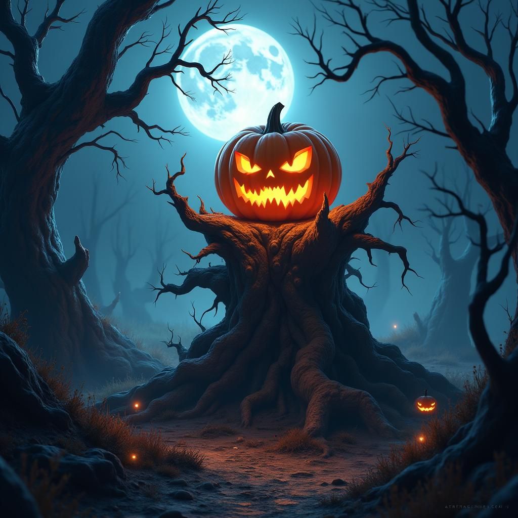 Mystical Evil Pumpkin in Dark Fantasy Landscape