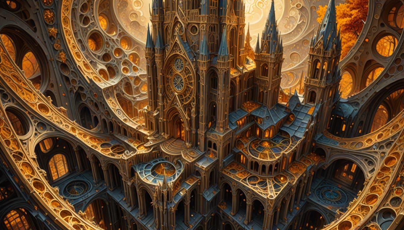 Fractal Cathedral in Autumn Impasto Style