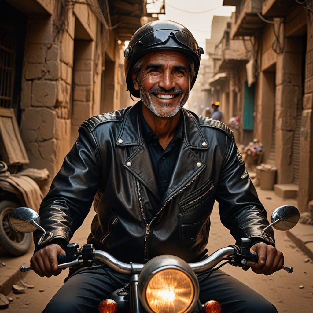 Man and His Motorcycle: A Vibrant Egyptian Portrait