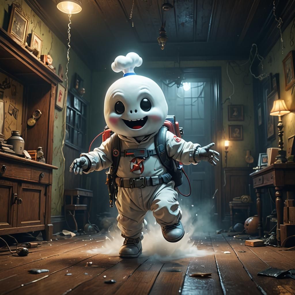 Cute Ghostbuster in Haunted House, Illustrated Style