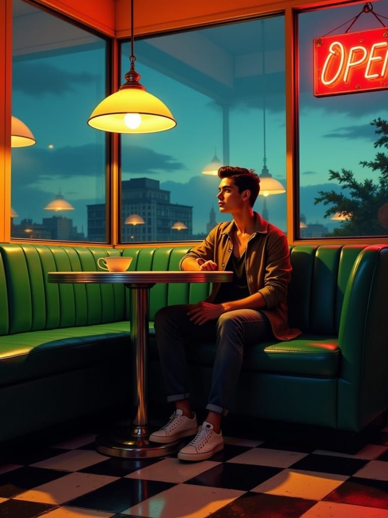 Cozy Retro-Style Diner Scene in a 1950s Comic Aesthetic