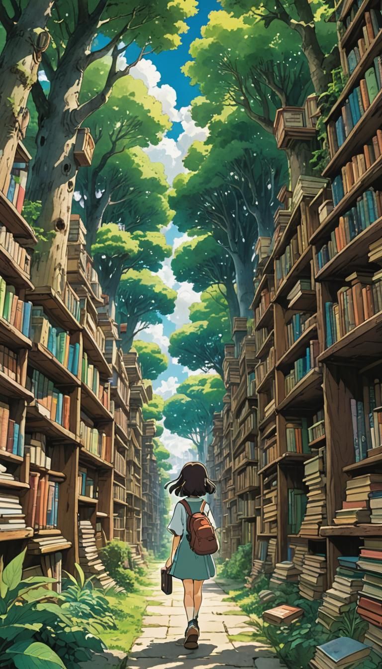 Anime Forest City with Bookshelves in Ghibli Style