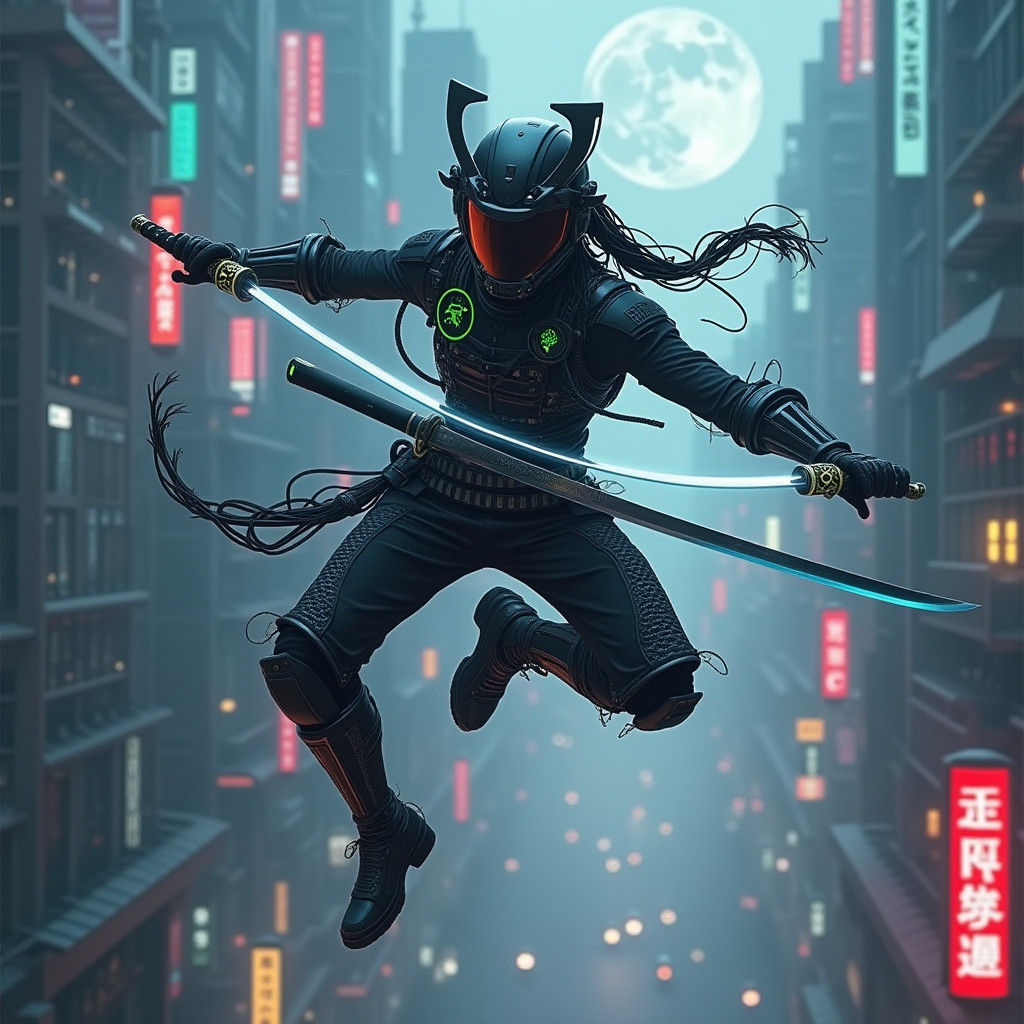 Cyberpunk Samurai Aerial Stunt in Futuristic Cityscape