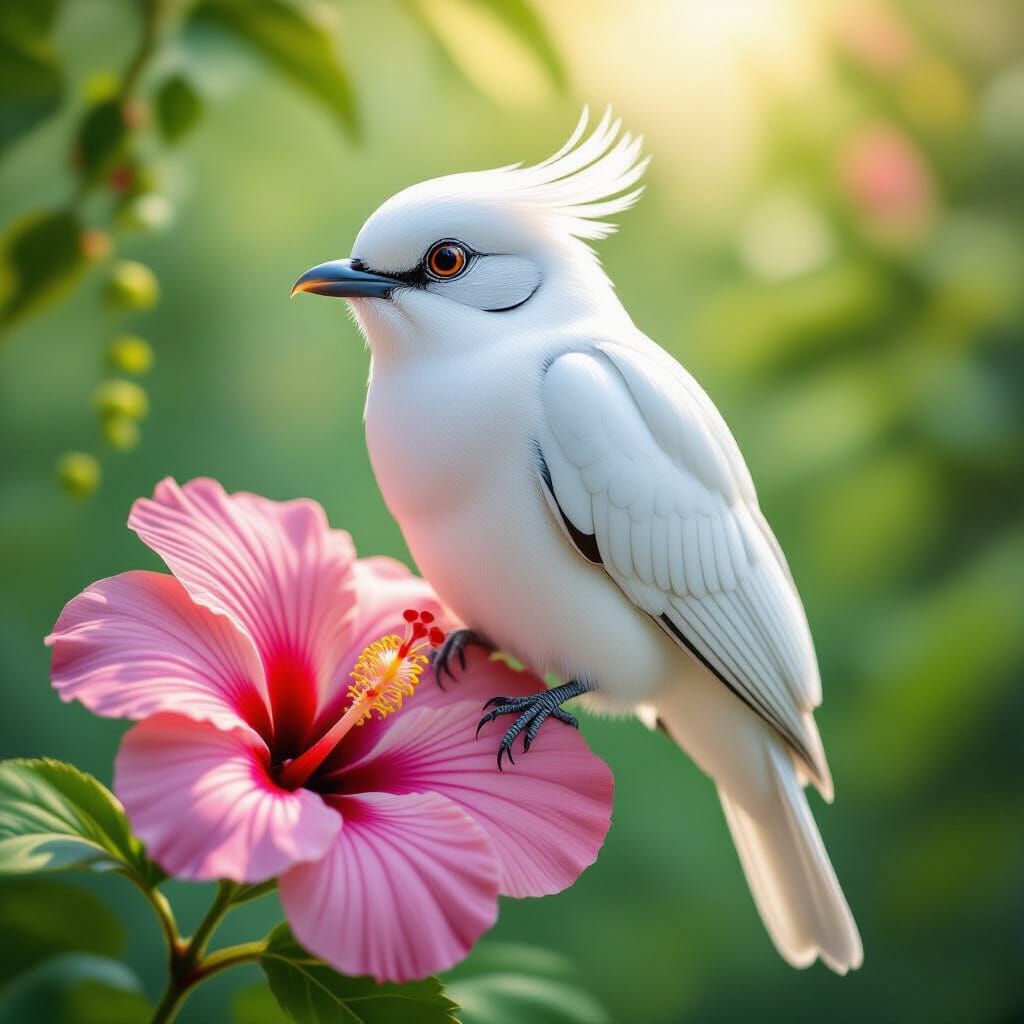 White Trogon on Hibiscus: Hyper-Detailed Bird Portrait