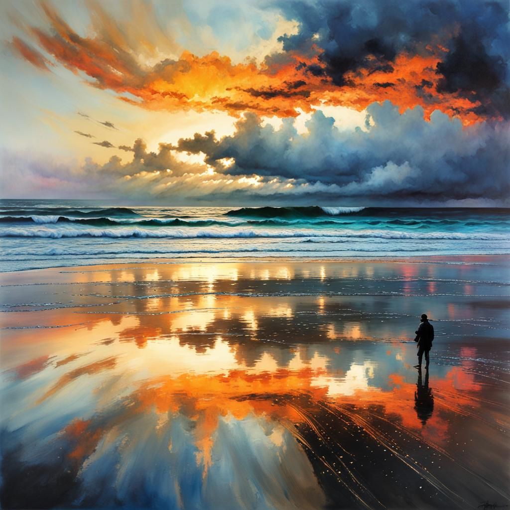 Vibrant Sunset Reflected, Stylized Watercolor Painting