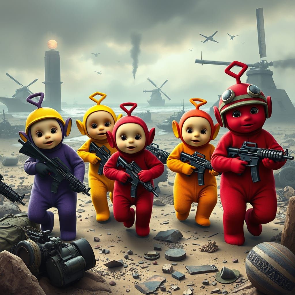 Teletubbies Storm Normandy Beach in Cyberpunk Style