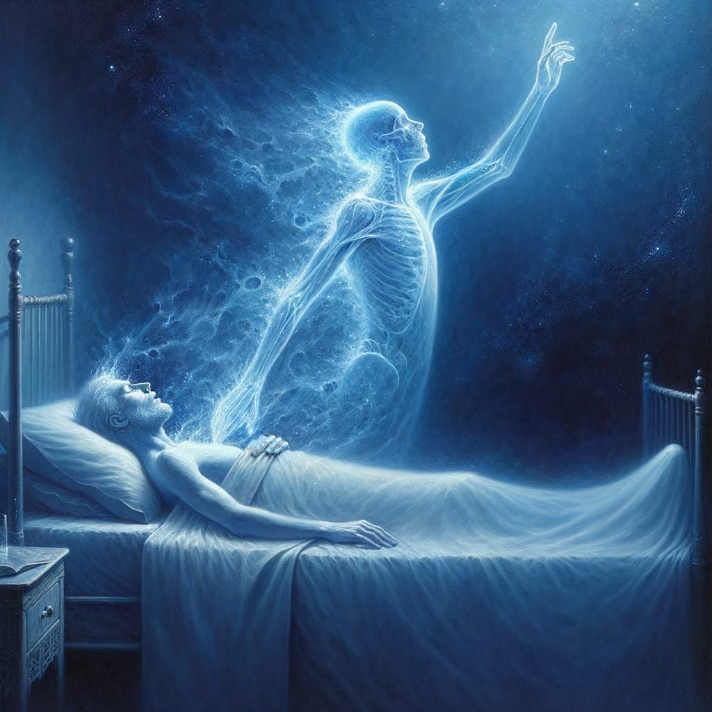 Spirit Leaving Body in Dreamlike Bioluminescent Scene