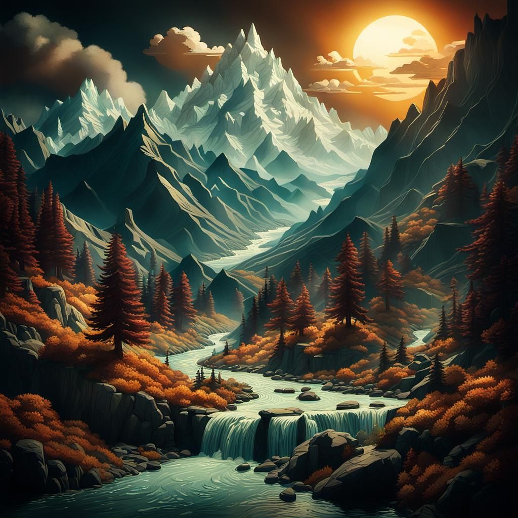 Cinematic Paper Art: Mountains, Streams, and Sunlight