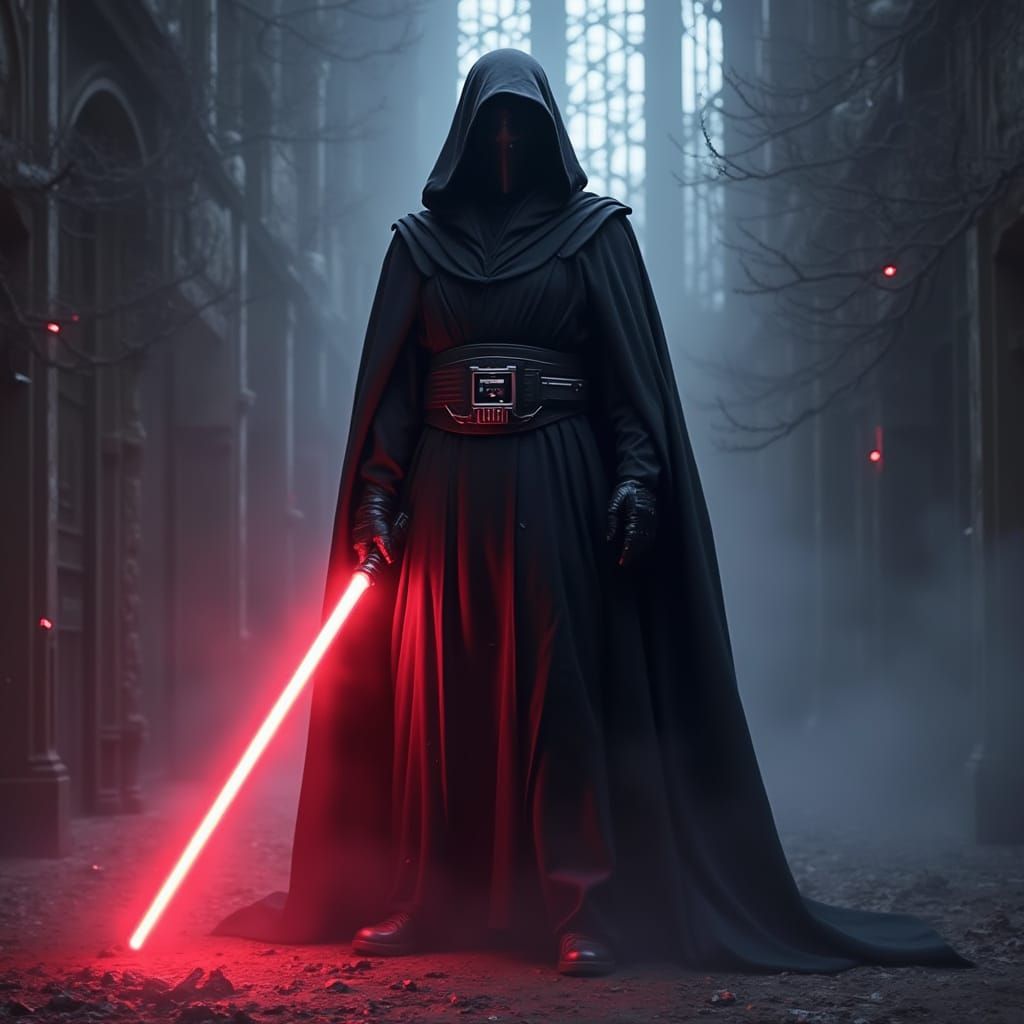 Dark Jedi with Red Lightsaber in Eerie Galaxy