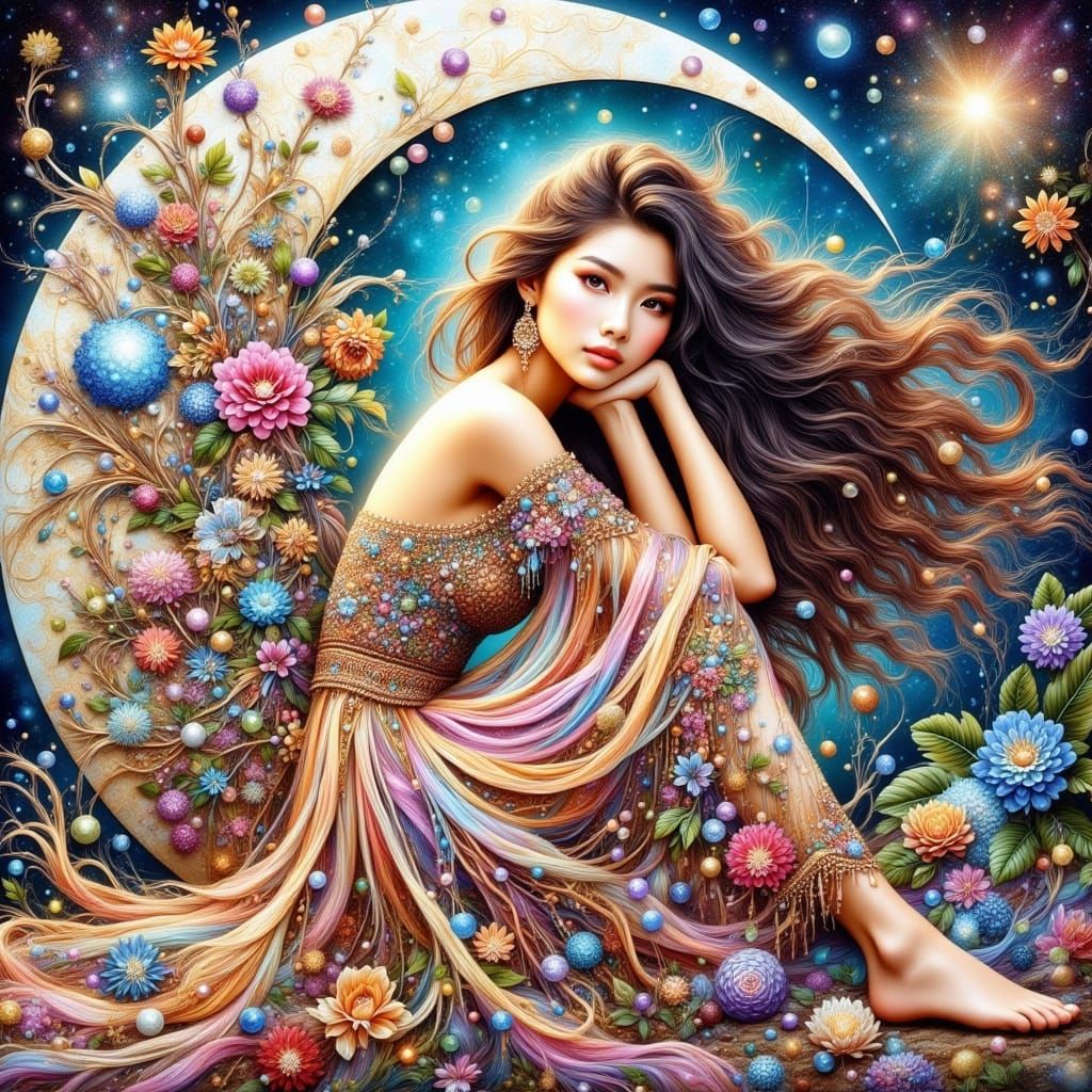 Eastern Goddess Under Moonlit Jungle Canopy