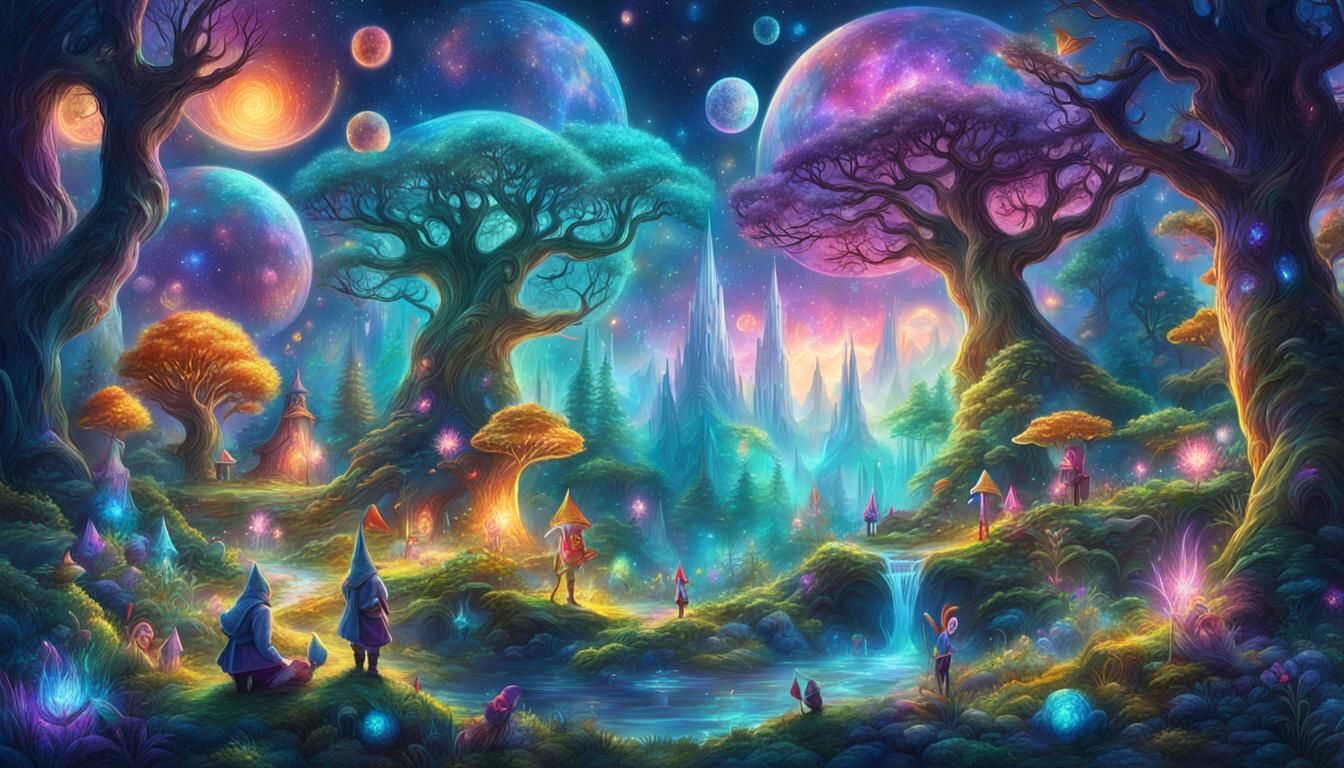 a magical forest, with elves, gnomes and other fairytale creatures