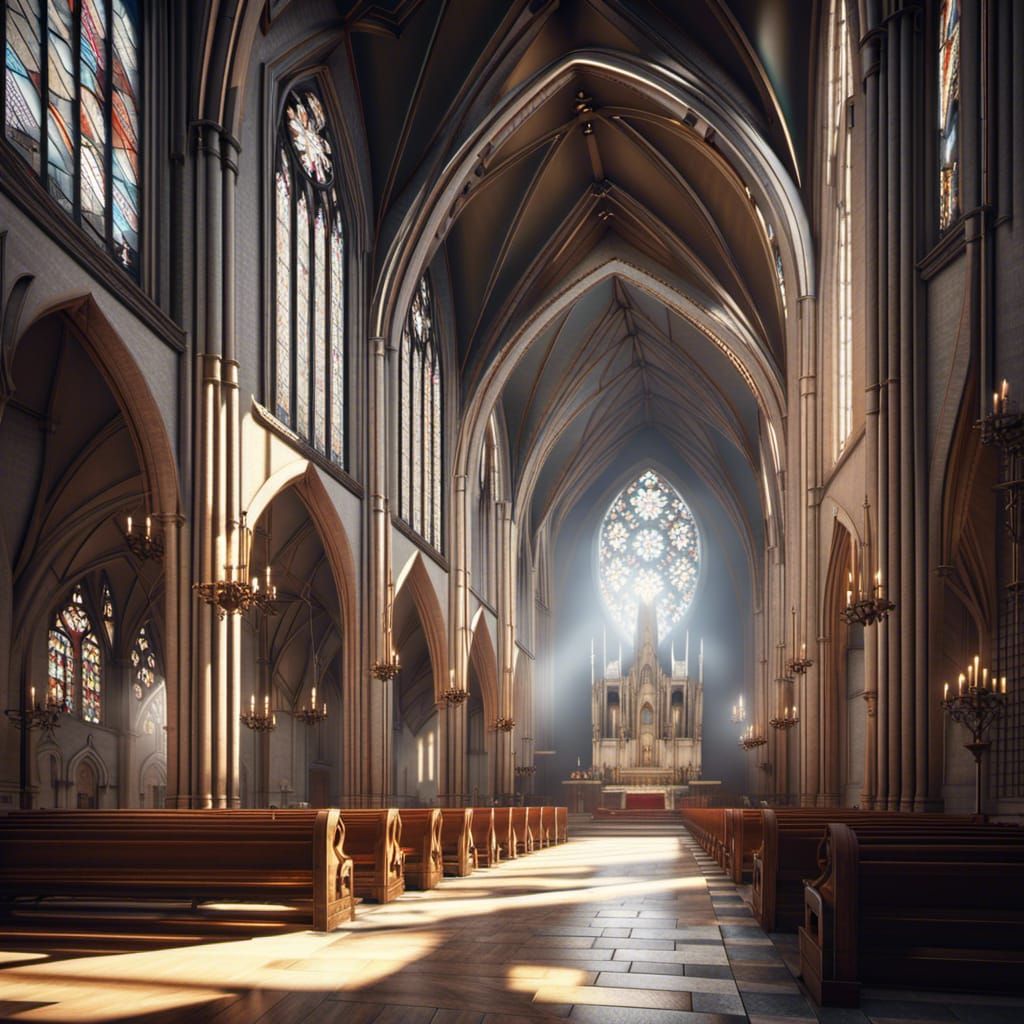 Symmetrical Mid-Century Gothic Church Interior in Digital Ar...
