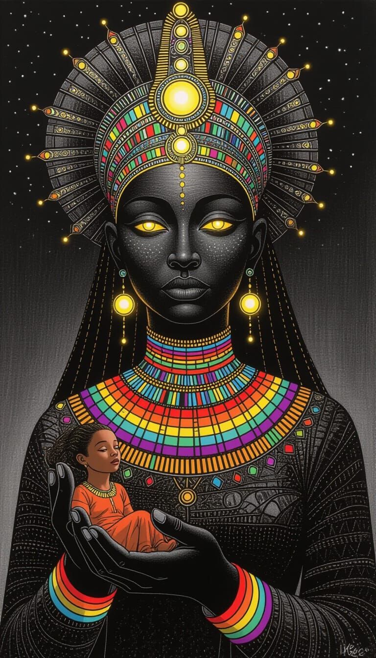 Celestial Giant Holds Humanoid in Charcoal Drawing