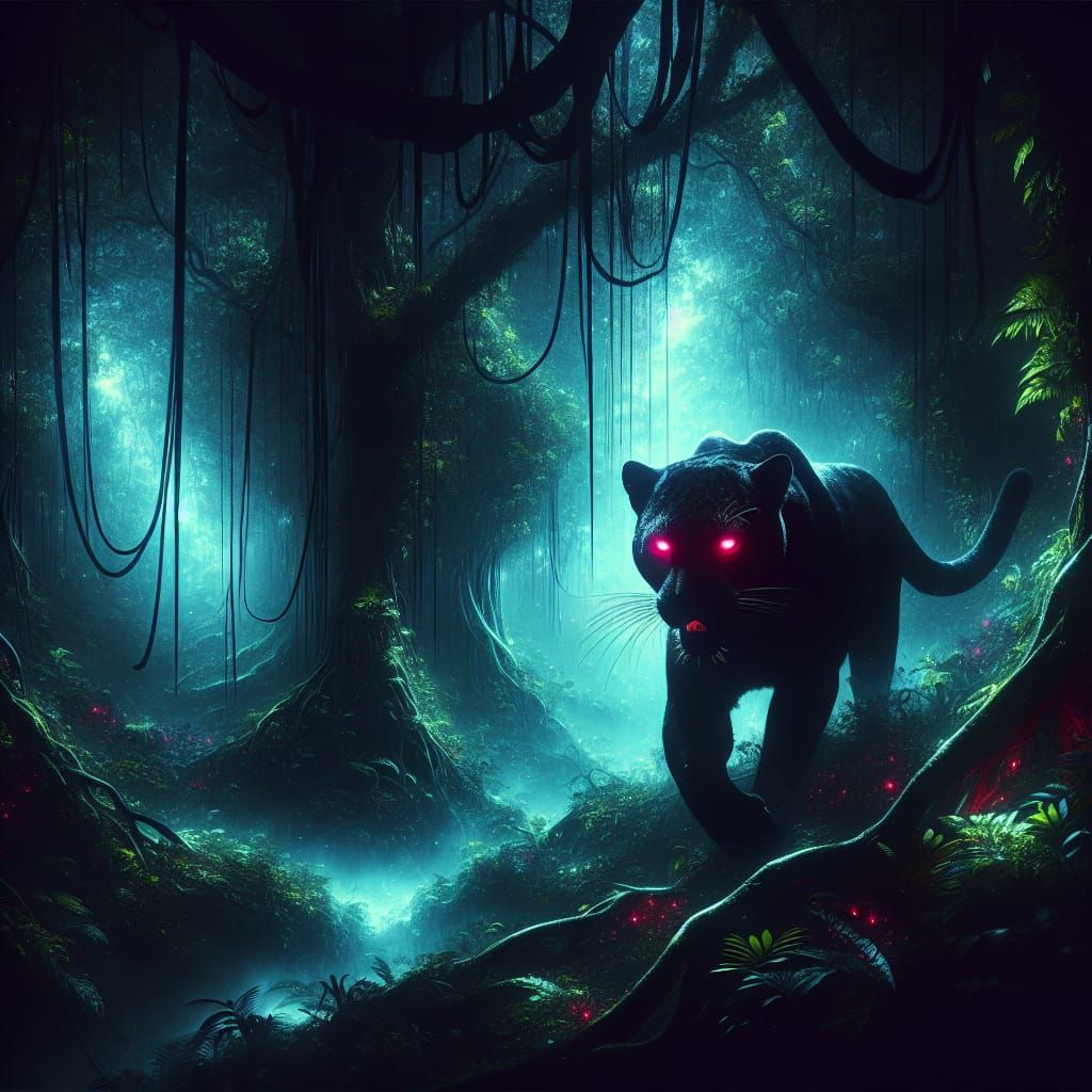 Epic Dark Fantasy Jungle Scene with a Majestic Black Jaguar