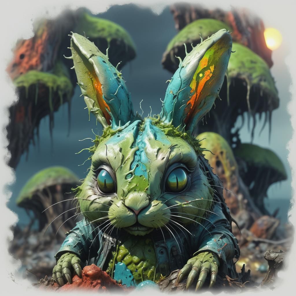 Slimy Bunny on Magical Island: Hyper-Realistic Digital Art