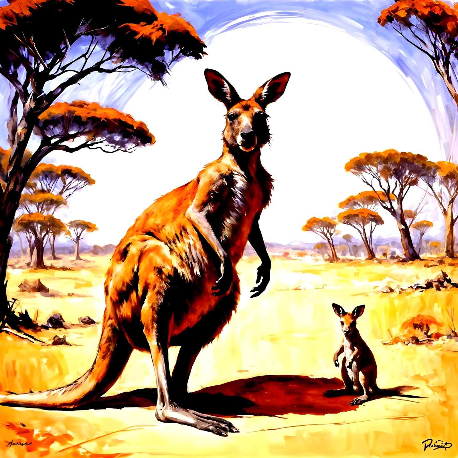 Kangaroo  with joey, inspired by Pino Daeni and Arthur Rackh...