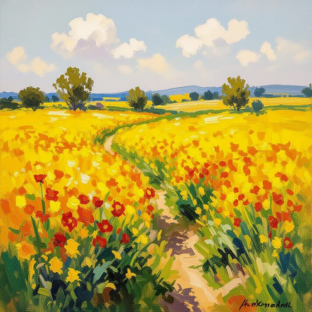 Yellow Mustard Field in Impressionistic Style