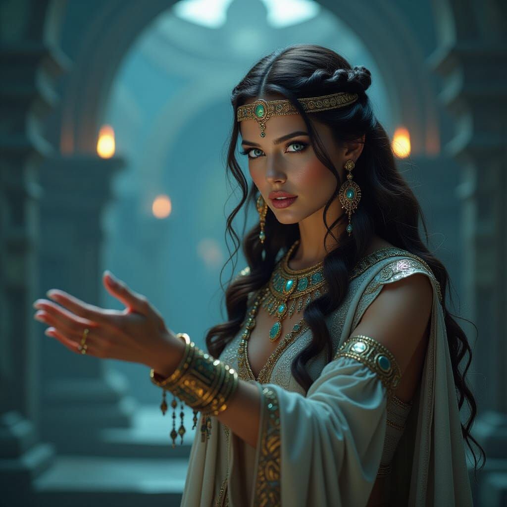 Hathor Extends Hand to Oracle Priestess: Cinematic Art