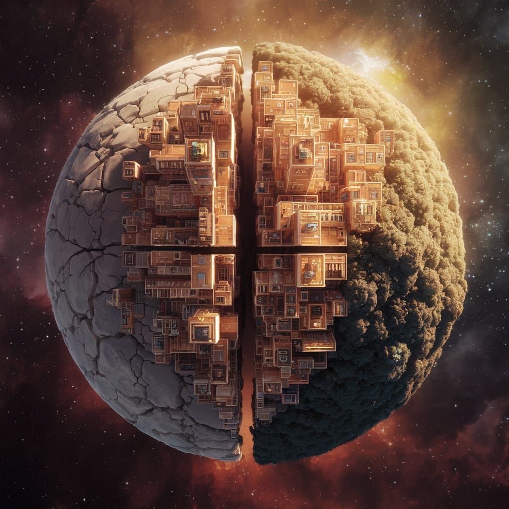 Rocky Planet Divided into Retro-Futuristic City and Lush Wil...