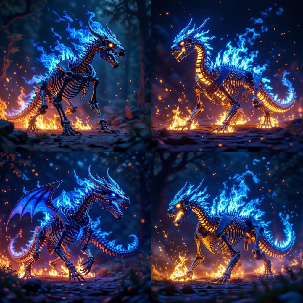 Armored Blue Fire Dragon Skeleton in Dark Fantasy Style
