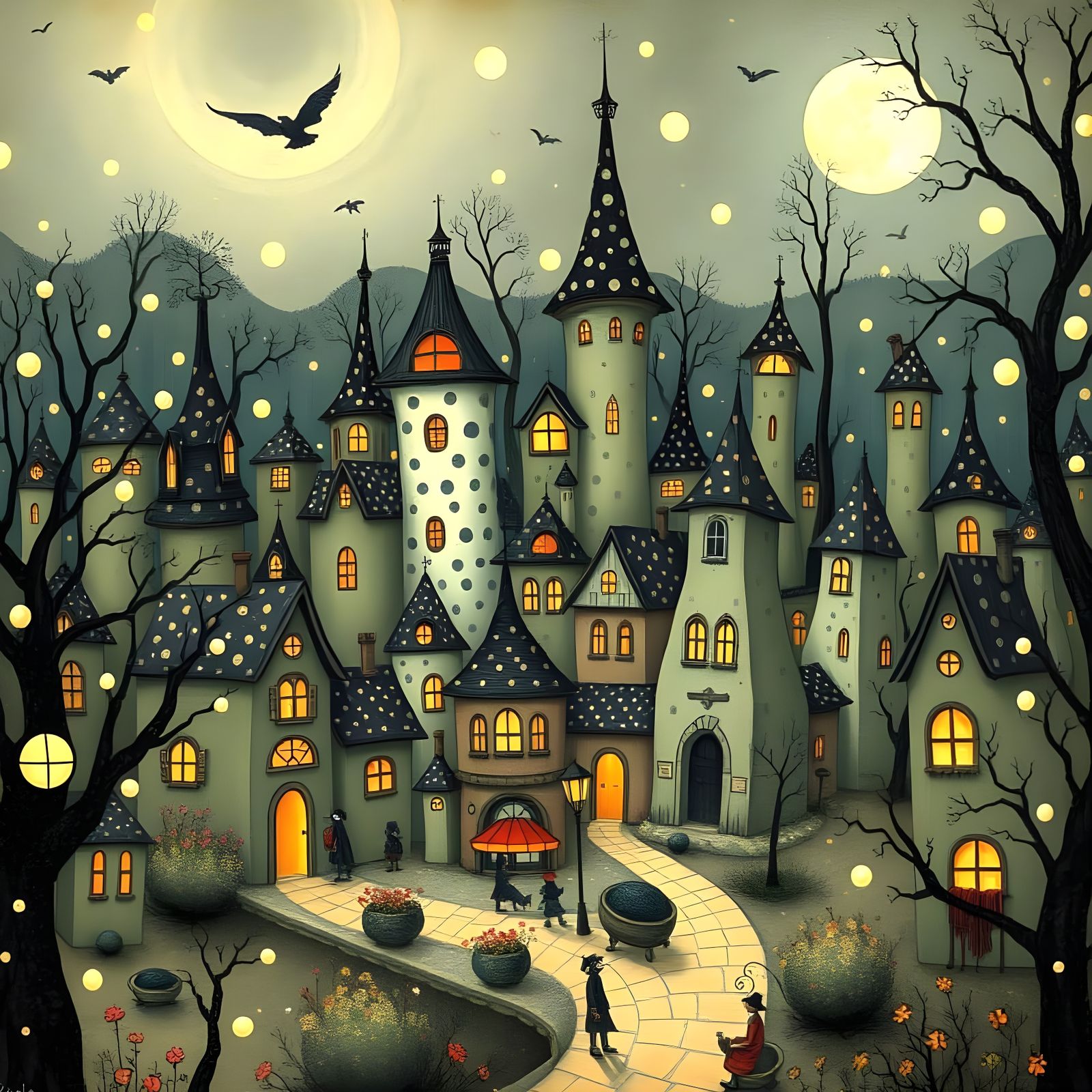 Polka Dot Fantasy Town in Gothic Style