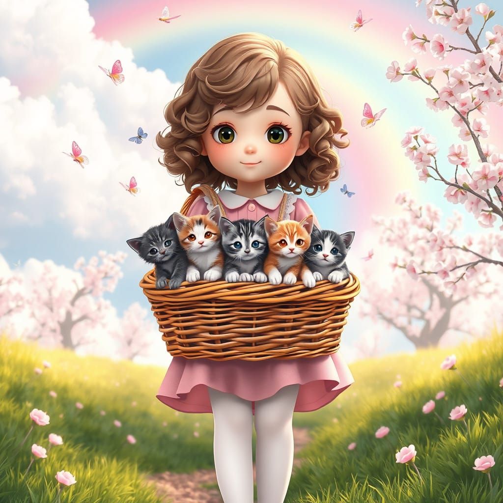 Whimsical Girl with Kittens in a Vibrant Landscape