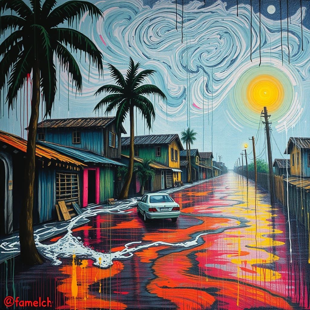 Tormented Village Destroyed by Hurricane: Expressionist Drip...