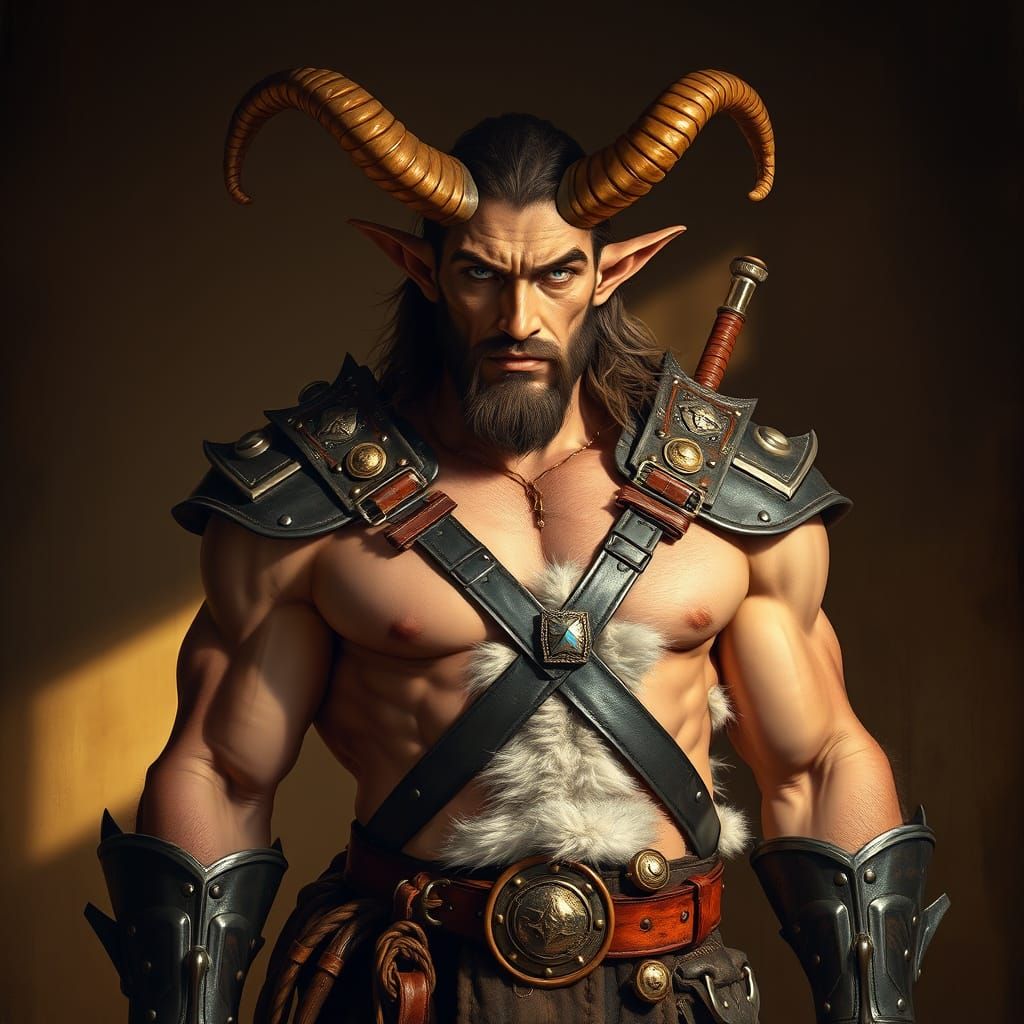 Majestic Capricorn Warrior with Horns and Battle-Worn Armor