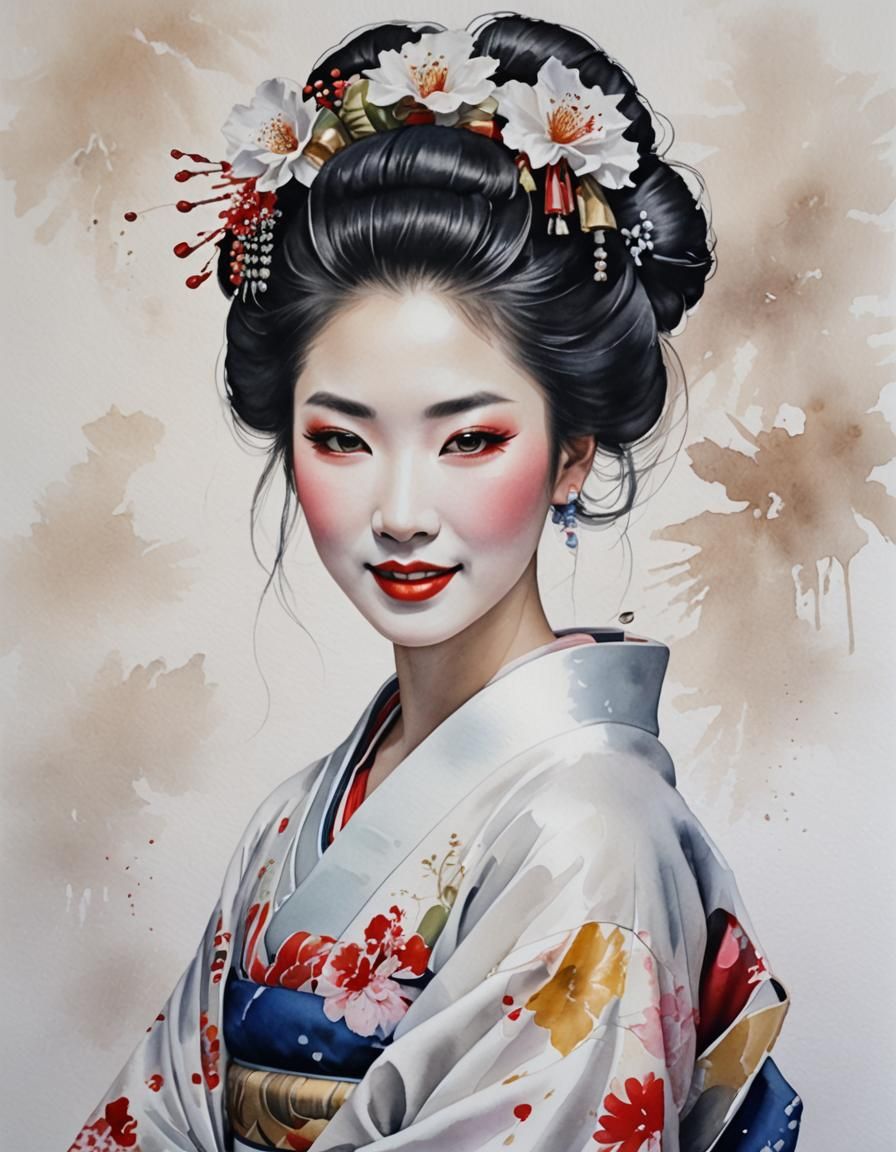 Geisha Portrait in Watercolor Style