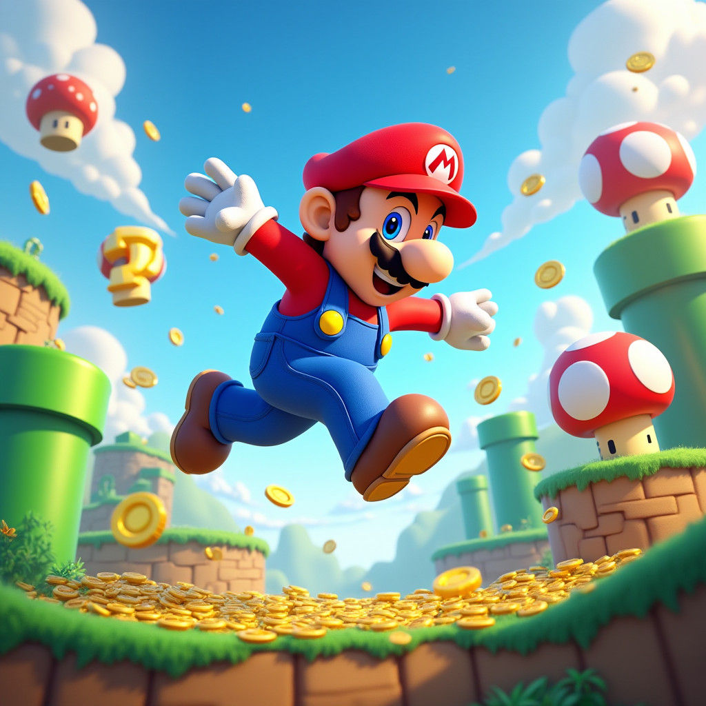 Super Mario Leaping in a Vibrant, Cartoon-Style World