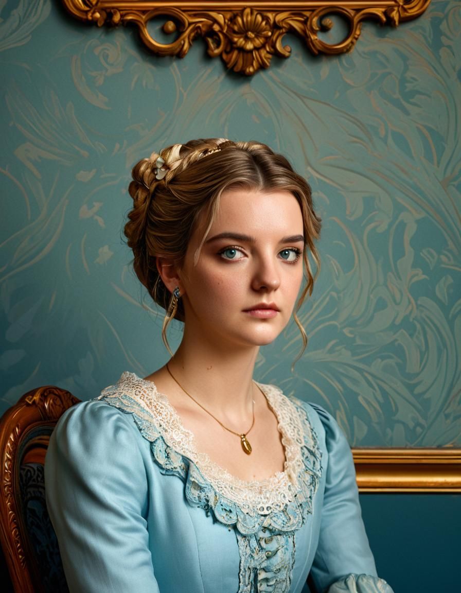 Sad Girl in Victorian Room, Mucha-Inspired Concept Art