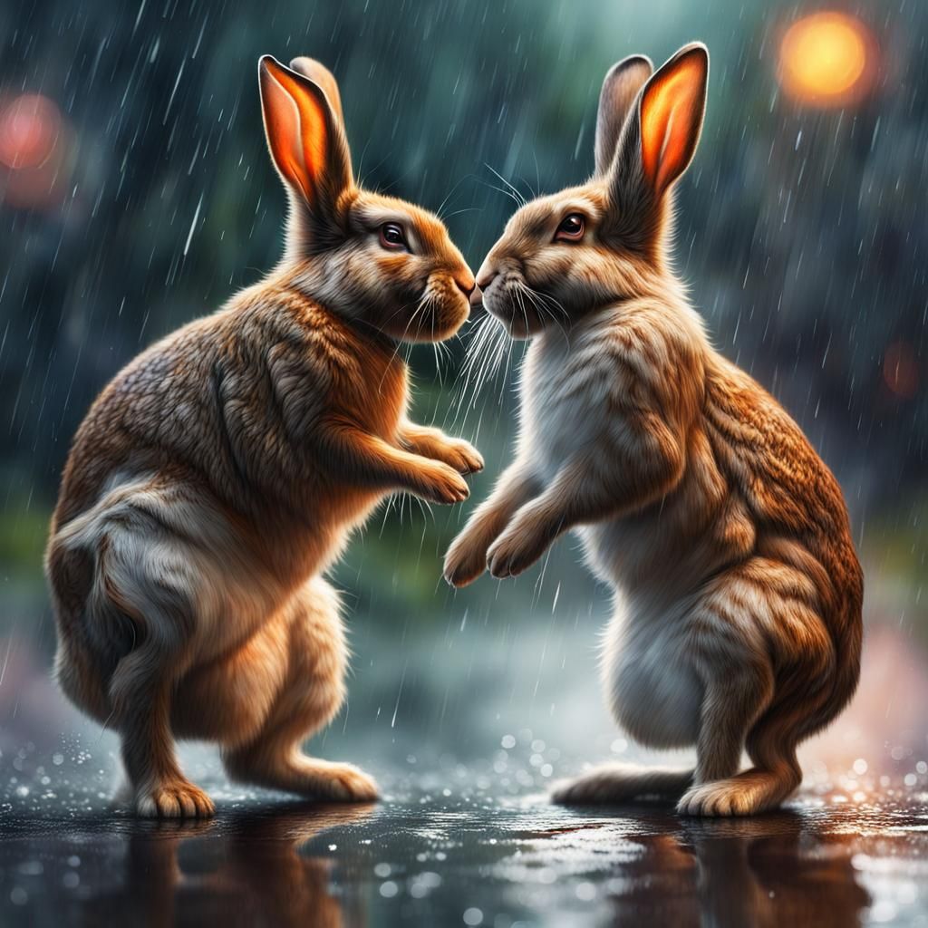 Hyperrealistic Rabbits Quarreling in the Rain