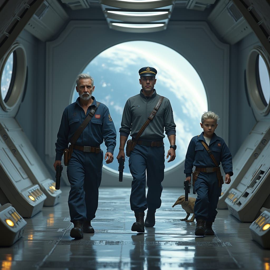 Sci-Fi Crew Explores Starship Corridor with Planet View