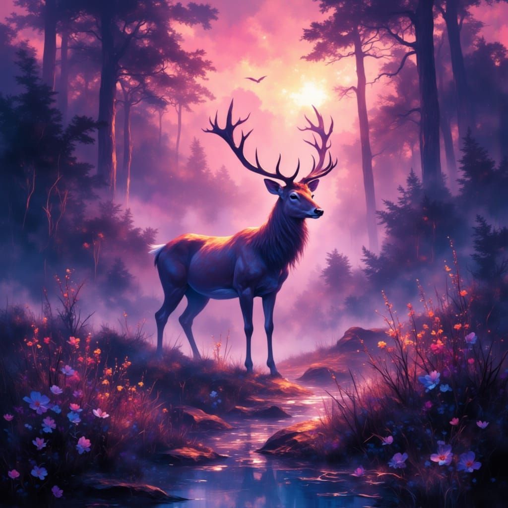 Majestic Deer in Ethereal Forest at Dusk
