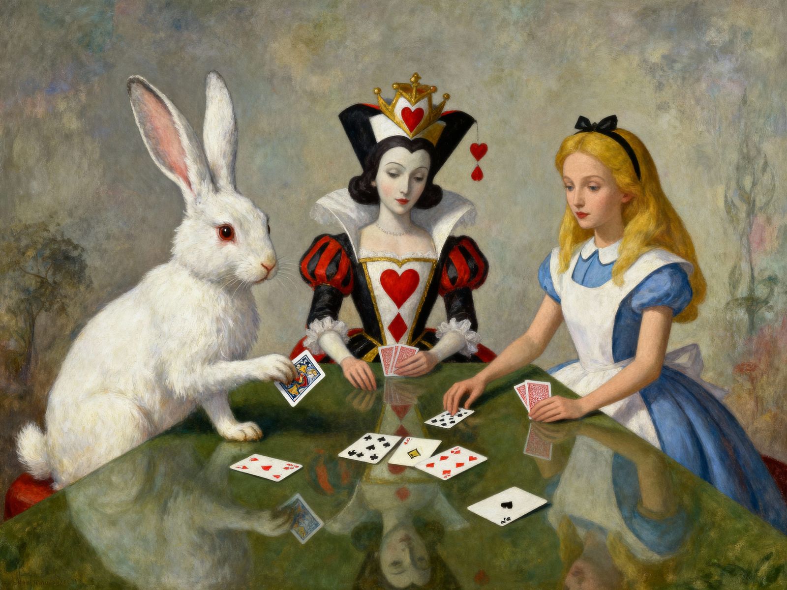 Alice in Wonderland Poker Game in Surreal Painting