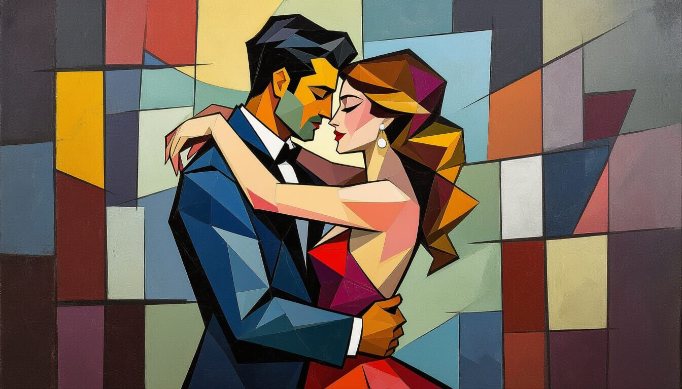 Cubist Cityscape Embrace: Lovers in Fragmented Geometry