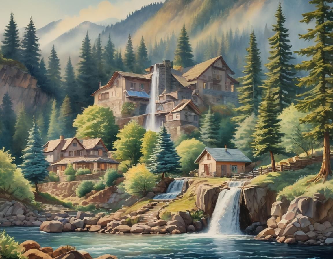 Watercolor Mountain Landscape with Waterfall in Gouache Styl...
