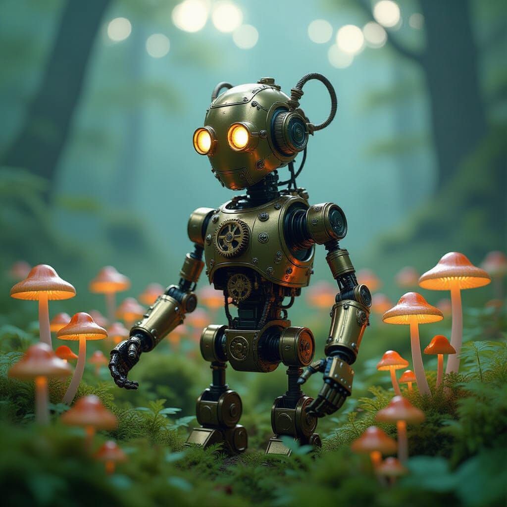 Steampunk Automaton in Bioluminescent Mushroom Field