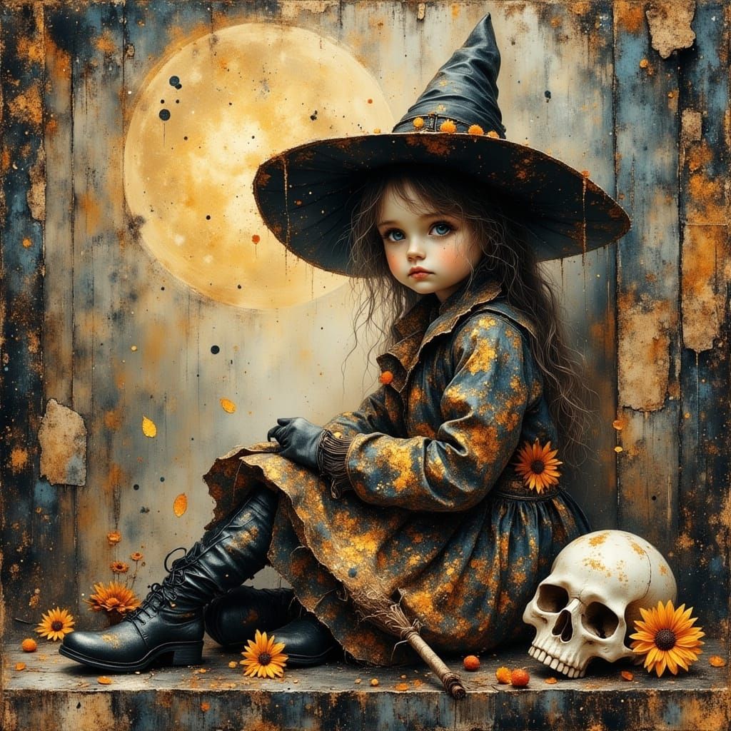 Glitch Art Witch with Cat and Skull