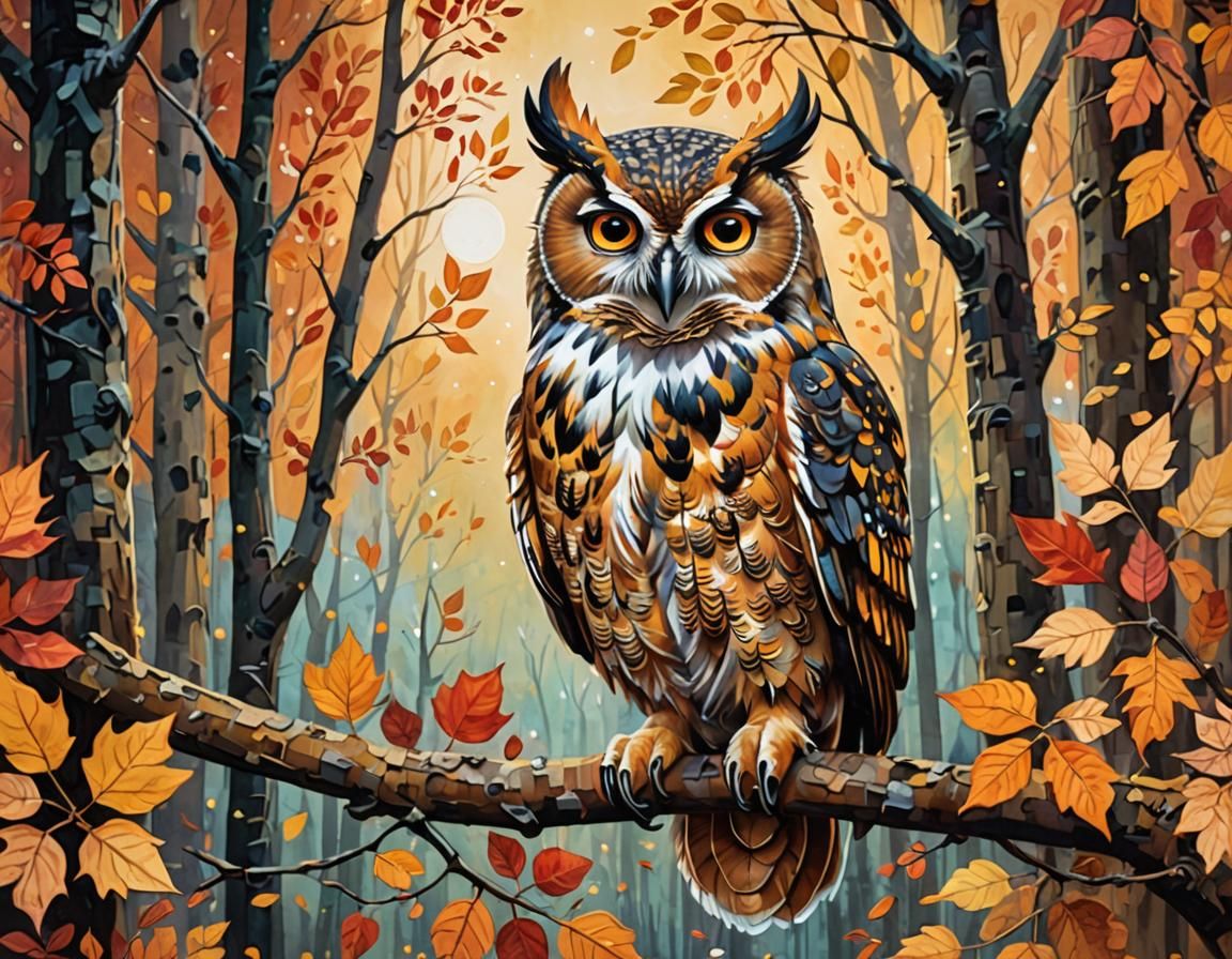 Majestic Owl in Autumn Forest Gouache Painting