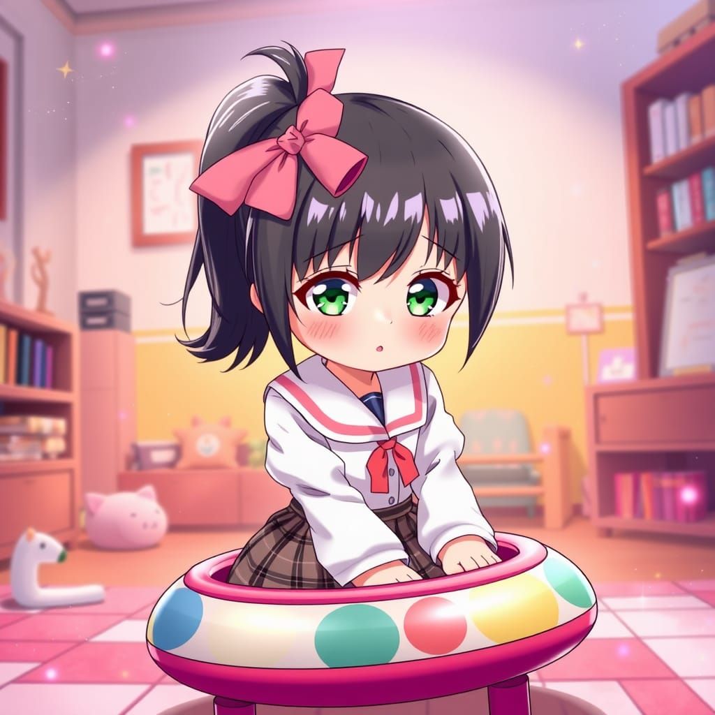 Worried Anime Girl with Ponytail on Space Hopper