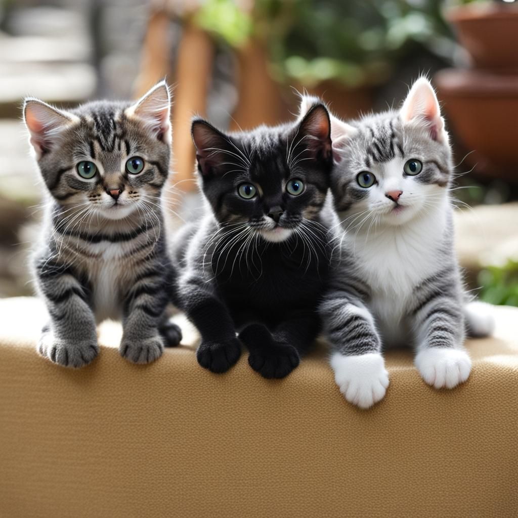 Three Adorable Kittens: Black, Tabby, and Bi-Color