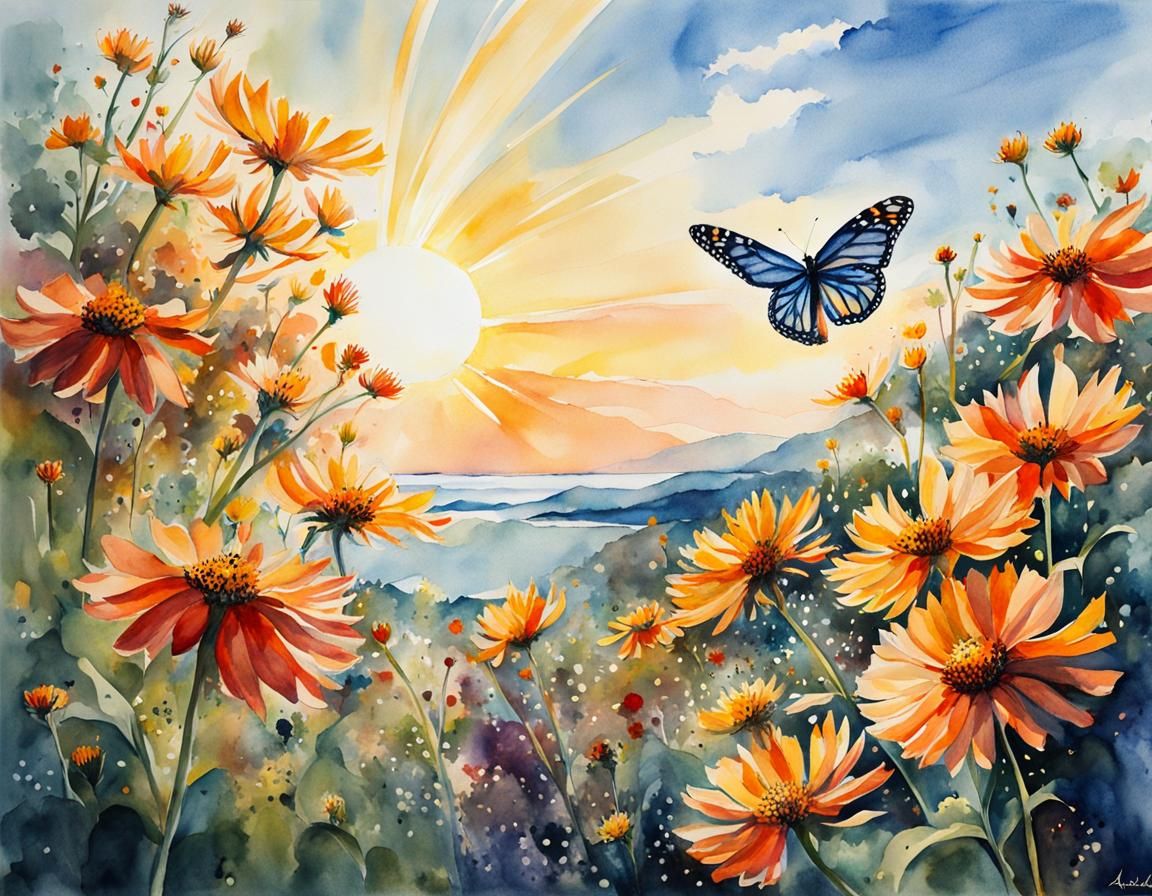 Monarch Butterfly in Garden, Watercolor Art Style