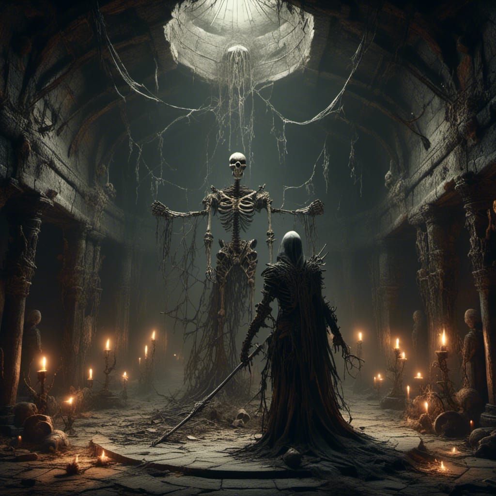 Skeletal Mage Unleashing Dark Magic in Crypt