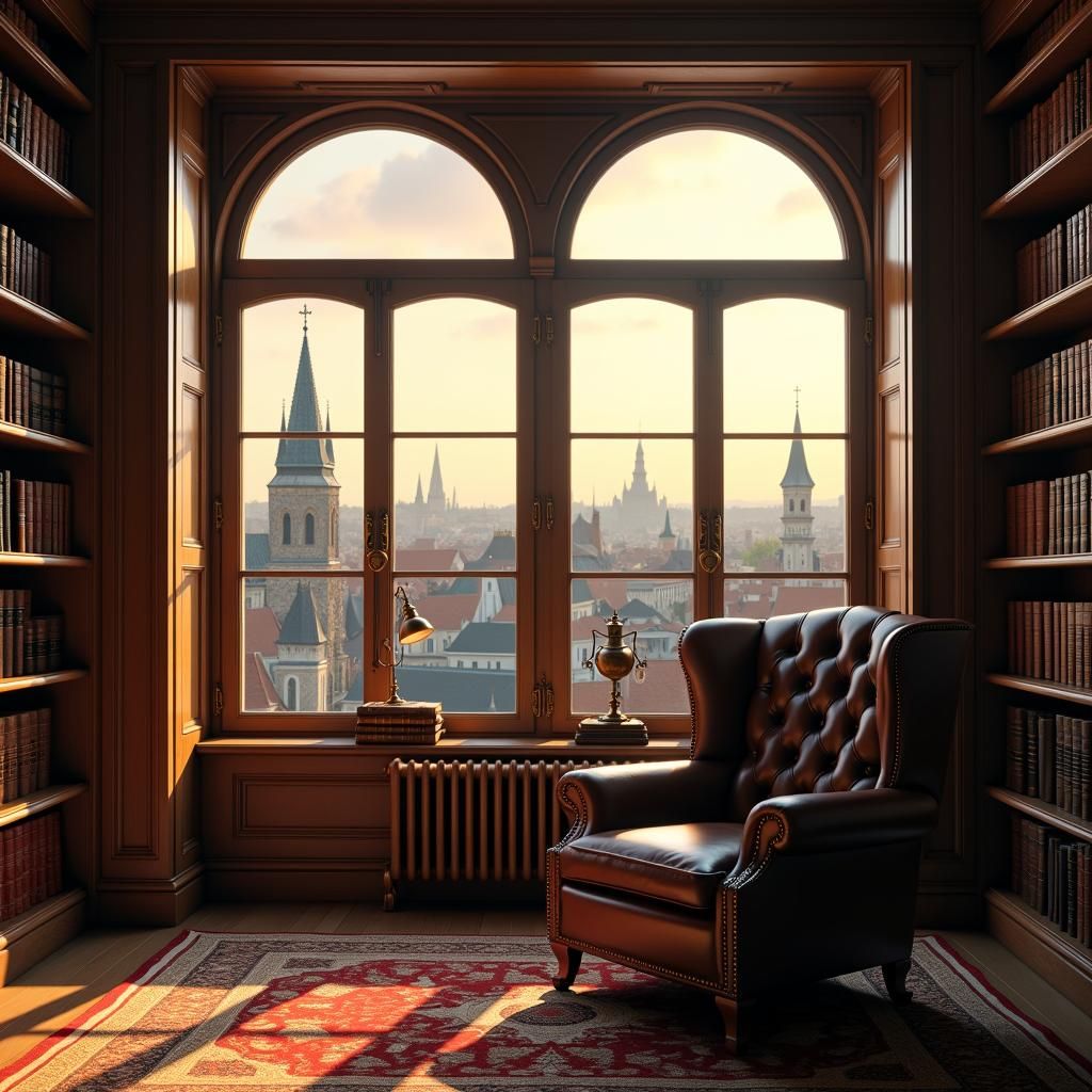 Hyperrealistic Study Room Overlooking Metropolis at Sunset