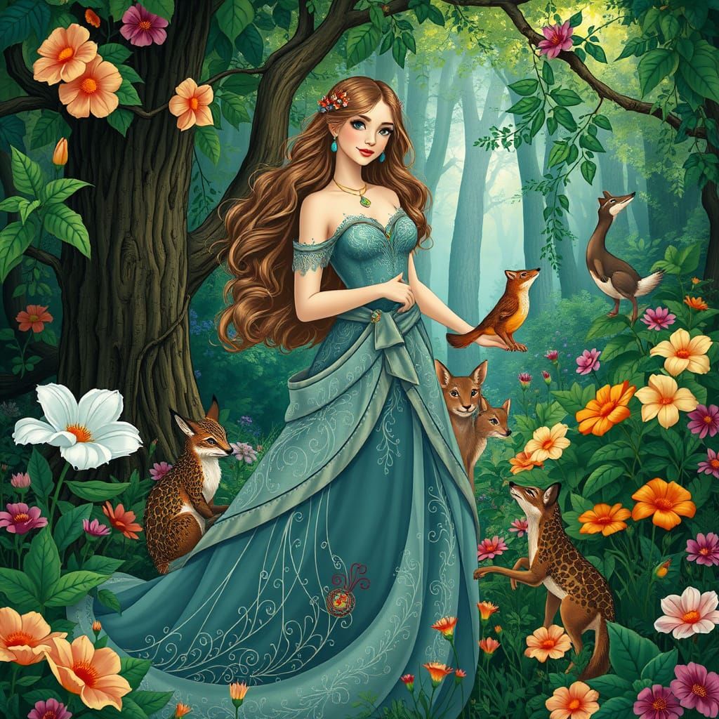 Elegant Princess in Whimsical Art Nouveau Landscape